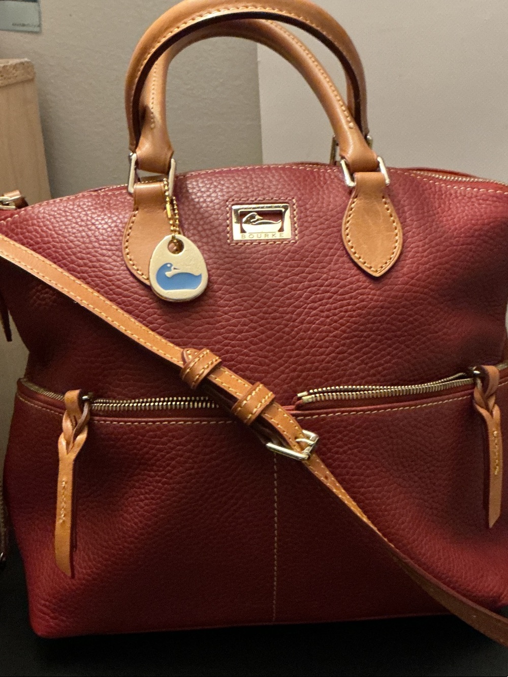 Dooney & Bourke DILLON Wine Red Leather Satchel with Tan Trim